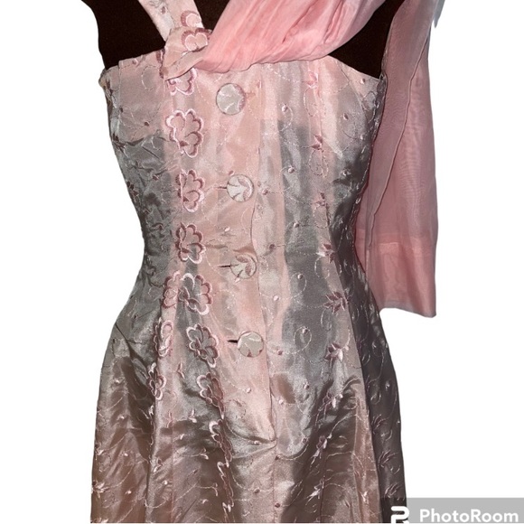 Stunning Vintage Hand Made Pink Floral Taffeta Rear Sash Ribbon Bow Dress - Picture 10 of 13